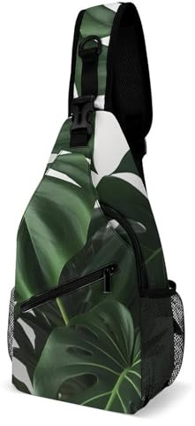 LOKLNEYK Sac de poitrine décontracté à motif feuilles de Monstera - Sac à dos à bandoulière pour l'extérieur, la randonnée, les voyages