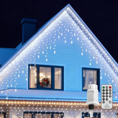 ISOISL Eiszapfen Lichterkette mit Fernbedienung, Weihnachtsdeko Außen, 8 Modi & Timer, 10M, 360 LEDs, Ideal für Weihnachtsdeko, Garten, Hochzeit, Party, Kaltweiß | 8 Modi & Timer für stimmungsvolle Beleuchtung. Ideal für Weihnachten, Garten, Terrasse & Party