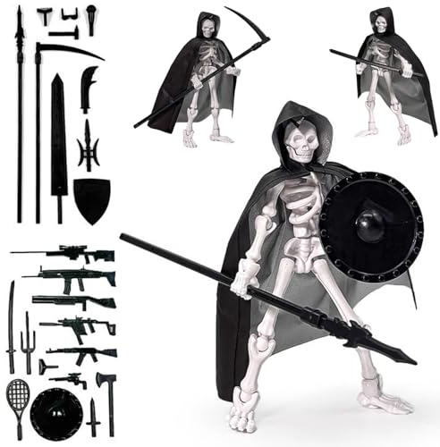 AZIDWERYQ Skelett-Actionfigur, mehrgelenkiges bewegliches Skelettspielzeug mit Kapuzenumhang und Waffen, Kunststoff-Actionfigur für Sammler-Desktop-Dekorationen Der Schlüssel