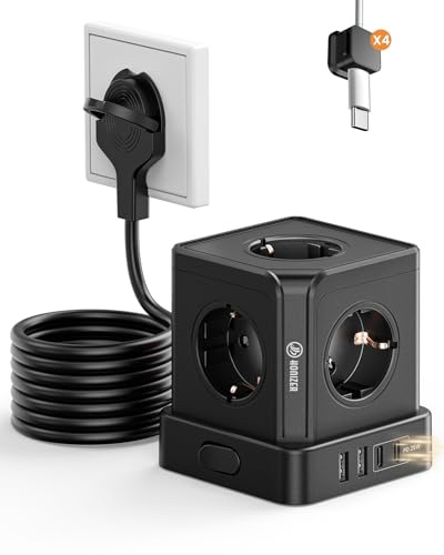 Honizer Multiprise plate 9 en 1 avec USB C 25 W 4000 W | Prise de table compacte 5 AC + 2 USB-C + 2 USB-A, prise de distribution 3 m, noir