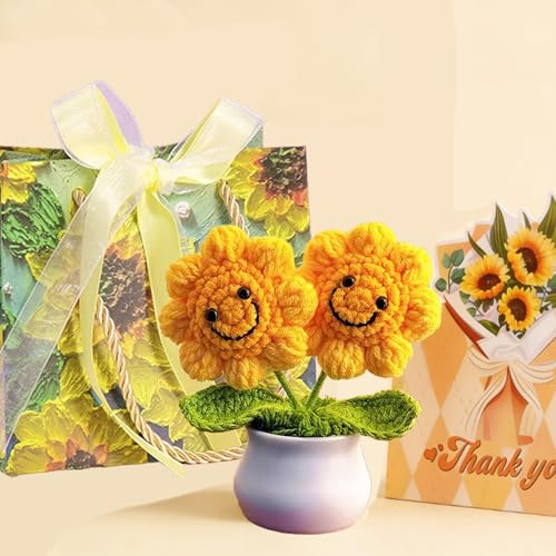 Posoto Handmade Crochet Sunflower Potted Plant Emotional Support | Thoughtful Gratitude Present for Women,Beloved Mom, Teachers,Best Friends or Sister