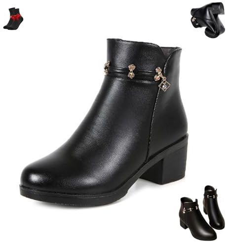 Ortopediska kilkängor i läder och ull for kvinnor, vinterkängor med pälsfoder och dragkedja, vattentäta varma platåstövlar(Black,39 EU)