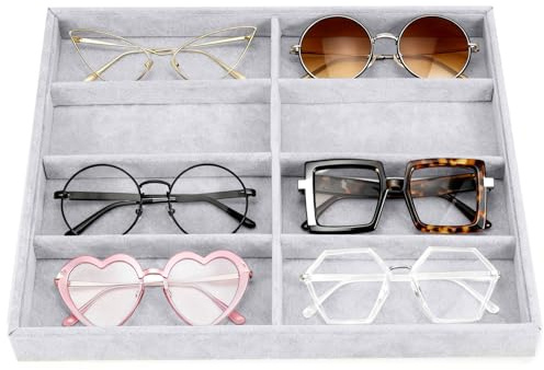 RFYTDCF Sonnenbrillen Aufbewahrung, 8 Fächer Brillenaufbewahrung Brillen Organizer Schmucktablett Flanell Sonnenbrillen Organizer für Brillen Uhren und Schmuck (Grau)