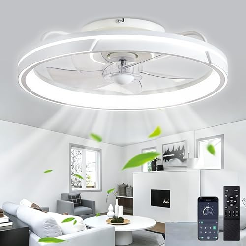 GZHXYJ Leise Deckenventilator mit Beleuchtung, Dimmbar 64W LED Deckenleuchte mit Ventilator, Fernbedienung und APP, Timer, 6-Gang, 50cm Moderne Lampe mit Ventilator für Wohnzimmer Schlafzimmer, Weiß
