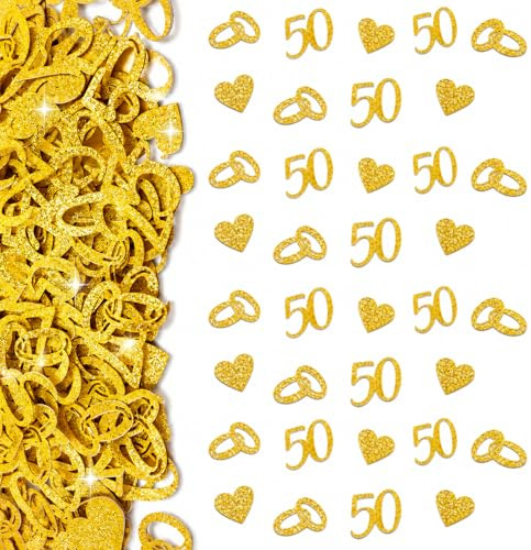 180 Stück Goldene Hochzeit Deko, Deko Goldene Hochzeit Tischdeko | Doppelseitige Streudeko mit 50, Ringe, Herz Motiven, Konfetti für das 50. Jubiläum, 50 Hochzeitstag
