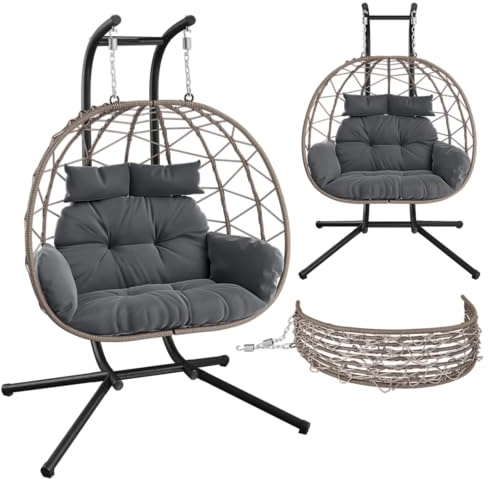 STEELSØN Alarian XXL Hängesessel 2 Personen mit Gestell, Grau/Schwarz 220kg | Rattan Hängestuhl Outdoor & Indoor mit Kissen, Hängekorb höhenverstellbar, faltbar, Gartenschaukel Erwachsene/Kinder, Balkon