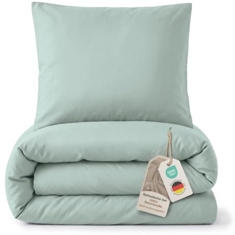 LAYNENBURG Premium SoftTouch sängkläder i 100 % bomull och OEKO-TEX 100 | Bäddset 155 x 220 + örngott 80 x 80 cm – extra mjukt, gosigt, finare än flanell och fin bäver (salvia)