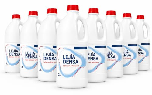 Lejía Densa con Detergente Multiusos, 8 x 2L, 16L, Ropa Blanca y Lavadora | Botellas con asa y textura densa para baños, cocinas y superficies lavables
