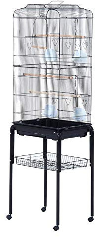 PawHut Vogelkäfig mit Futterbehälter Holzschaukel Voliere mit Türen Holzstangen Vogelbauer mit Aufbewahrungskorb für kleine Vögel Metalldraht Stahlrohr Holz PS Schwarz 46,5 x 36 x 157 cm