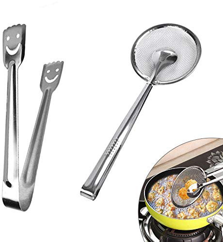 Gresunny 2pcs Kitchen Tongs Stainless Steel 1pcs Filter Spoon with Clip Strainer Skimmer Food Clip Barbecue Food Tongs Set For Cooking Serving Buffet Homemaker Salad Gripper Clip Tool