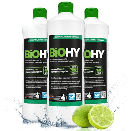 BiOHY Detergente para lavavajillas comercial (3 botellas de 1 litro) | Fórmula para disolver el las grasas | Apto para gastronomía, industria y hogares (Geschirrreiniger)