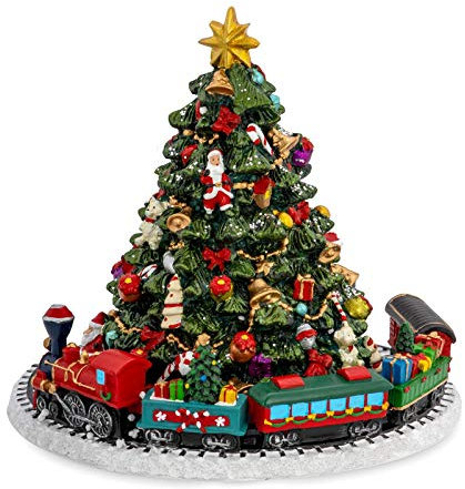 große farbige Kunststein Kinder Spieluhr Weihnachten - Motiv Weihnachtbaum und Zug - mit Melodie Stille Nacht Heilige Nacht - 16 cm hoch