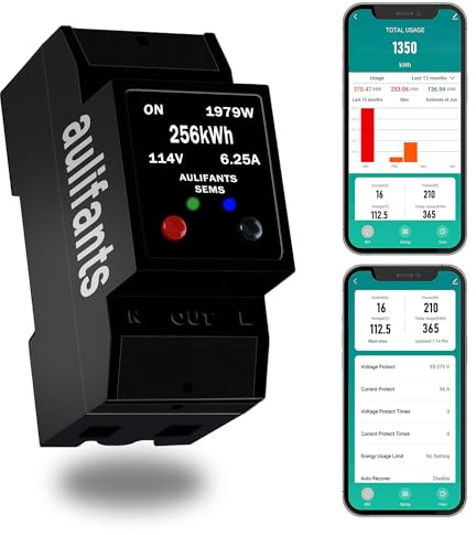 Aulifants Intelligenter Energiemonitor Schalter Breaker Einphasiger Stromverbrauchsmesser WiFi Tuya App 60A OLED Fernbedienung Überstrom Überspannung Schutz DIN-Schienenmontage Alexa Google Home