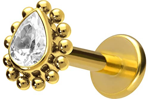 PIERCINGLINE Titan Labret mit Gewinde Kristalltropfen Piercing Lippe Nase Ohr Helix Goldfarben 1,2 x 8 mm
