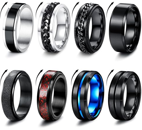 Milacolato 8 Stück Edelstahl Fidget Ring Spinner Ring Edelstahl Spinner Ringe für Zappeln für Damen Hochzeitsversprechen Schwarze Bandringe Coole schwarze Ringe für Männer 52-70