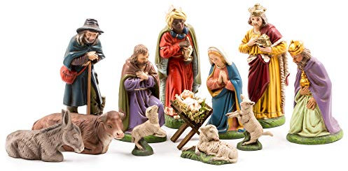 Marolin Krippenfiguren Set, 12 Figuren mit Holzkrippe, zu 11cm Figuren