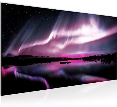 Runa Art Wandbild Nordlichter Nachthimmel 1 Teilig 100 x 40 cm Modern Bild auf Vlies Leinwand Polarlicht Island Wohnzimmer Schlafzimmer Violett Lila 041912c