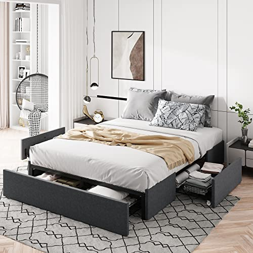 Allewie Full Size Platform Bed Frame with 3 Storage Drawers, Fabric Upholstered, Wooden Slats Support, No Box Spring Needed, Noise Free, Easy Assembly, Dark Grey