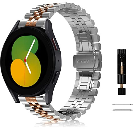 KeeFos 20mm Armband für Samsung Galaxy Watch 7/6/5/4 40mm 44mm/Galaxy Watch FE/Watch 5 Pro 45mm, Edelstahl Metall Armbänder für Watch 6 Classic 43mm 47mm/Watch 4 Classic 42mm 46mm - Silber/Roségold
