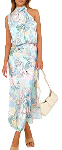 PRETTYGARDEN Women's 2025 Summer Satin Dress Elegant Sleeveless Mock Neck Cocktail Party Maxi Dresses (Print Blue,Large)