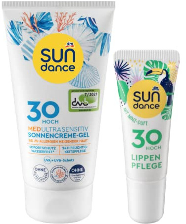 SUNDANCE 2er-Set Sonnenschutz: Sonnencreme GEL MED ultra sensitiv bei zu Allergien neigender Haut ohne Parfüm, Fette & Octocrylene, LSF 30 (150 ml) + Lippenpflege MINZE LSF 30 (10 ml), 160 ml