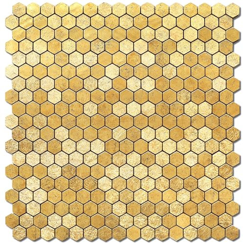 VAOVI Selbstklebende Mosaik Fliese Gold Küche Wand,Wandfliese Metall mit Facette Gold Matt und Glänzend Fliesenaufkleber Kleines Sechseck(10 Matte)