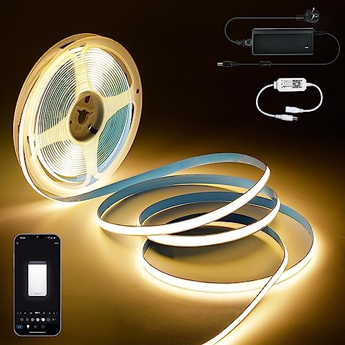 WIFI COB LED Strip 5m Warmweiß, APP Steuerbar, 384LEDs/M | 24V 3000K Streifen Warmweiss Dimmbar Band, Hohe Helligkeit, Alexa Lichtleiste Kompatibel mit Google