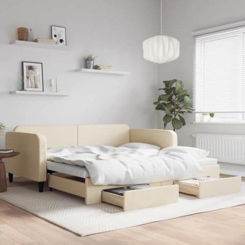 INLIFE Tagesbett Ausziehbar mit Schubladen Creme 100x200 cm Stoff,53,95 KG,3196861