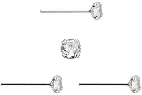 DENI 3 Nasenstecker, gerader Stiel, Silber, runder Zirkonia-Stein, glänzend, 2,5 mm, feiner Stiel 0,6 mm, Sterlingsilber
