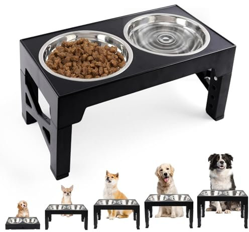 Raised Dog Bowls 5 Height Adjustable Elevated Dog Food and Water Bowls with 2 Stainless Steel Dog Bowls Non-Slip No Spill Stand for Small Medium and Large Dogs Cats