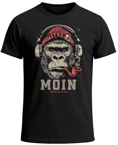 Neverless® Herren T-Shirt Moin Schriftzug Gorilla Musik Aufdruck Brustprint Printshirt Fashion Streetstyle schwarz L