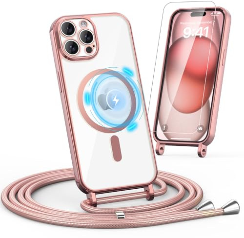 Noyabox HandyKette für iPhone 12 Pro Max Hülle mit Band, 1* Schutzfolie Magnetische Handyhülle für iPhone 12 Pro Max Necklace Schnur Schutzhülle mit Kordel zum Umhängen Case, Rosa