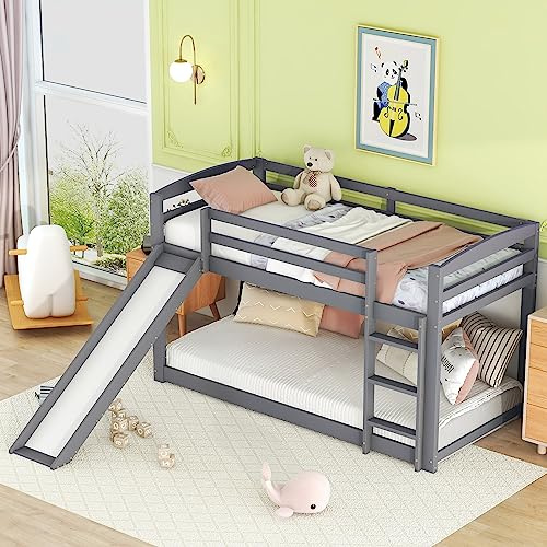 Kinderbett Etagenbett 90×200, Hochbett Kinder mit Leiter, Rutsche und Lattenrost, Platzsparendes Hausbett Etagenbettrahmen Spielbett Jugendbett, Holzbett aus massiver Kiefer, Ohne Matratze, Grau