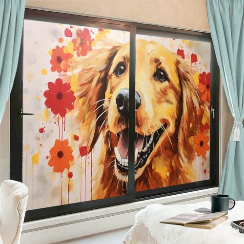 Farmhouse Hunde-Fensterfolie, Sonnenblockierung, Braun, niedliche Tierblumen, Aquarell, Haus, Fenster, Tönungsfolie, kein Kleber, Glasabdeckungen, für Zuhause, dekorativ, 60 x 90 cm, 2 Stück