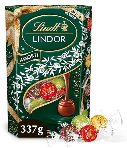Lindt - Cornet LINDOR Édition Ruban Festif - Assortiment de Chocolats au Lait, Blancs, Double Chocolat et Pistaches - Cœur Fondant - Idéal pour Noël, 337g