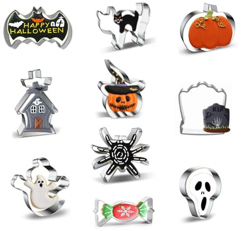 Halloween Grande Formine Biscotti Set, Fyvadio 10pcs Tagliabiscotti, acciaio inox Metallo Tagliabiscotti di Halloween Forme - Zucca, Fantasma, Pipistrello, Ragno, Gatto e così via