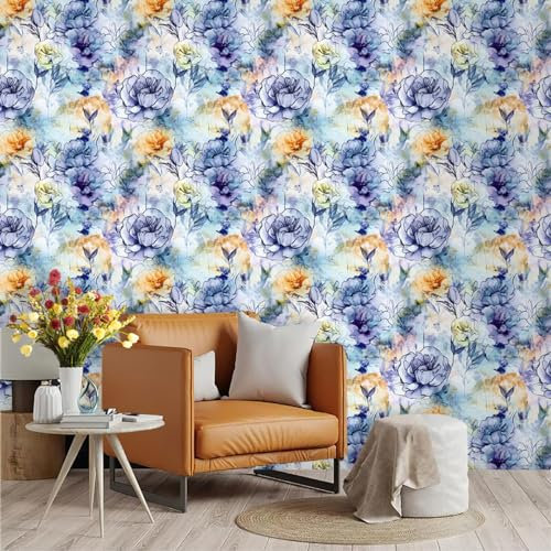 Selbstklebende Tapete Pfingstrose Gelb Blau Strukturtapete Wandtattoo Schlafzimmer Tapete Selbstklebend Vliestapete Wallpaper for Living Room Tapeten Leicht zu Entfernen Wandschutzfolie 45x600cm