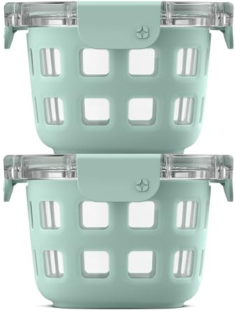 Ello Duraglass 2-Pack 2 Cup Reusable Glass Container Jar with Leak Proof Lids and Protective Silicone Sleeves | Perfect for Overnight Oats, Snacks, Yogurt | BPA-Free | Dishwasher Safe | Yucca