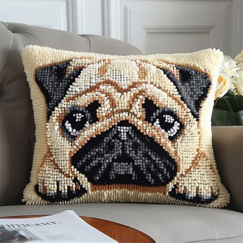 RKFLGEW DIY knüpfen set erwachsene Mops Tier knüpfkissen set Fantasie Hund Knüpfhaken-Set für selbstgemachte Dekokissenbezüge，Handarbeits-Kissenbezüge，Handarbeit，Häkeln für die Familie 43x43cm