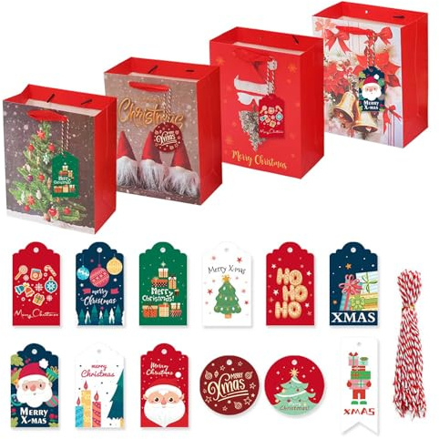 12 Piezas Bolsas Regalo Navidad,Cajas Carton Navidad de Papel Kraft con Mango,Bolsas Navidad Regalo con Motivos Navideños,Cajas de Papel de Caramelo Presentes,con 48 Etiquetas Regalo Navidad