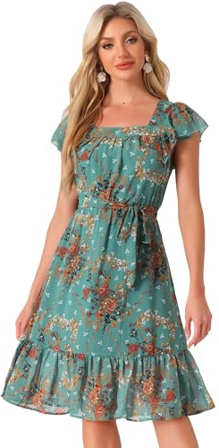Allegra K Damen Kurzarm A-Linie Eckiger Ausschnitt Rüschen Blumen Midikleid Sommer Kleid Dunkelgrün S