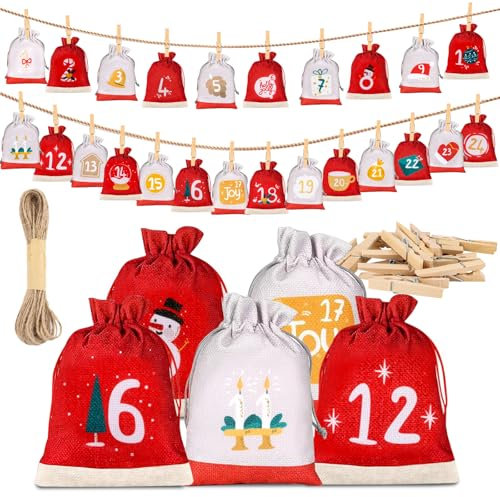 24 Weihnachtskalender zum Befüllen,DIY Adventskalender Basteln,Weihnachtskalender Adventskalender zum Befüllen Stoff Kinder,Säckchen Tüten 18 x 13 cm für Kinder Frauen Männer