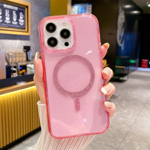 ADKOT Custodia magnetica trasparente glitterata per iPhone 14 15 Plus 15proMax 11 12 13 Pro Max Mini Airbag Bumper Slim Cover, rosa, per iPhone 11 Pro