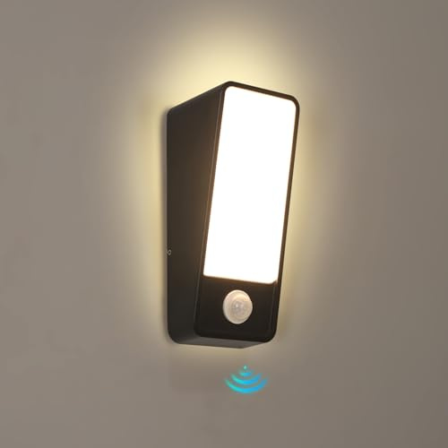 Comely 12W Aplique de Pared Interior/Exterior con Sensor de Movimiento, Aplique Impermeable IP65, Lámpara Pared Exterior Moderno para Terraza Jardines Balcón (Negro)
