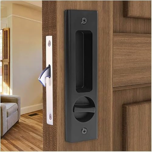 mvuenleyog Sliding Pocket Door Lock,Sliding Door Latch with Turn Knob for Interior Wooden Door,6.3in/160mm,Invisible Recessed Door Handle (Black)