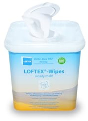 LOFTEX-Wipes | DESi-Box Spendereimer + Vliestuchrolle trocken | 1 Karton mit 4 Spender | Ready-to-fill im Einweg-Tuchspendersystem |