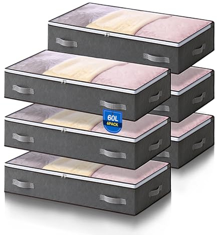 AIOR 6 Stück 60L Unterbettkommode mit Sichtfenster, Faltbare Unterbett-Aufbewahrungstasche Kleideraufbewahrung, Decken Organisator Lagerbehälter, 80x50x15cm