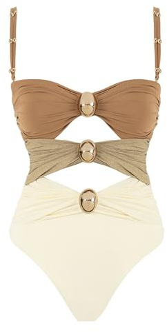 One Piece Swimming Costume for Women UK,Ladies Swimsuits Tummy Control Patchwork Sexy Ruched Swimwear Cut Out Padded Bathing Suits Vintage Beachwear Bikini Push Up Monokinis Swimsuit Brown