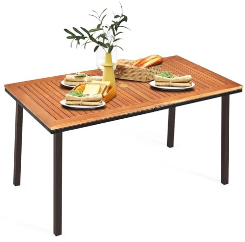 RELAX4LIFE Tavolo da Giardino in Legno di Acacia con Foro Ombrellone 6 cm, Gambe in Metallo, per 6 Persone, Design a Doghe per Esterno, Terrazza, Patio, Portata 50KG (140x75x76cm, Rettangolare)