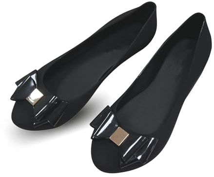 Womens Black Jelly Shoes with Bow - Ladies Comfy Slip-On Flats Casual Wear Every-Day Jelly Ballet Ballerina Pumps, 5 UK